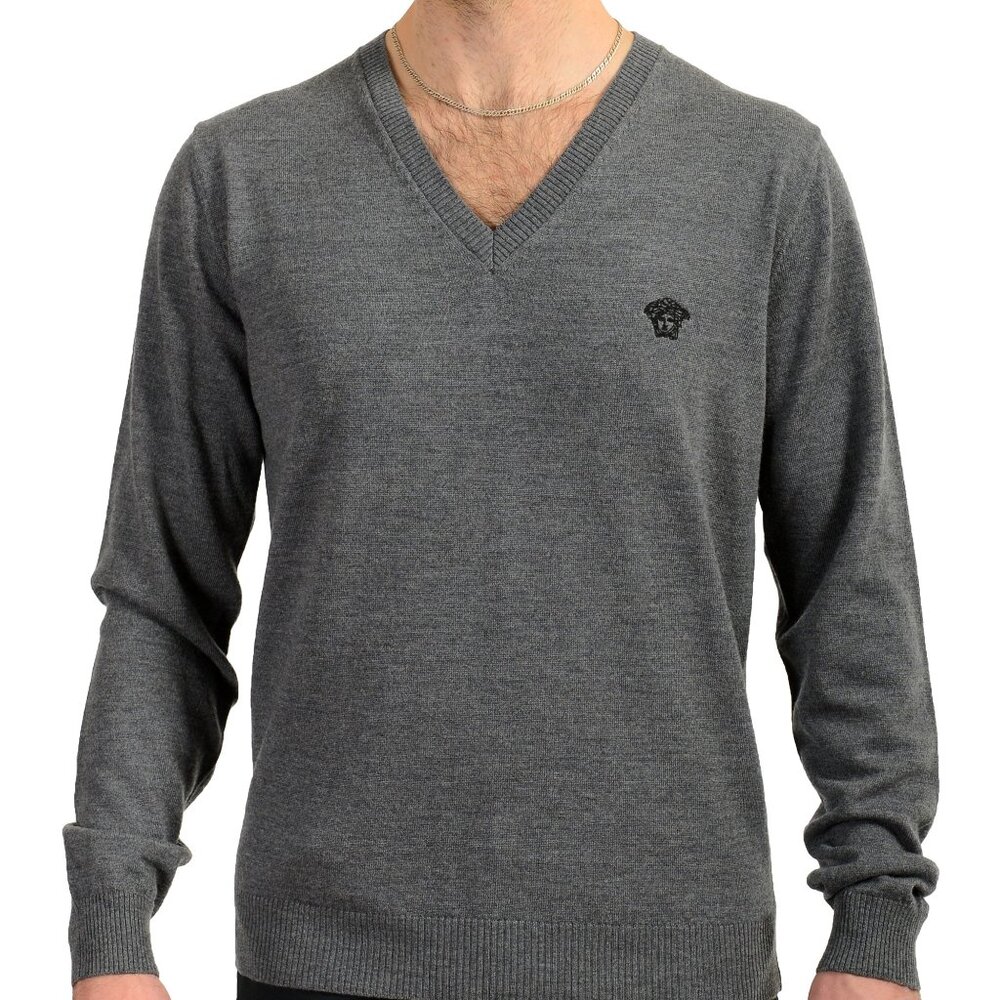 Versace Men's Gray Logo Embroidered 100% Wool V-Neck Sweater US XL IT 54
